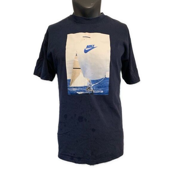 Nike Mens Navy Blue White Sailboat Crew Neck Short Sleeve T Shirt Top Medium - Picture 1 of 7